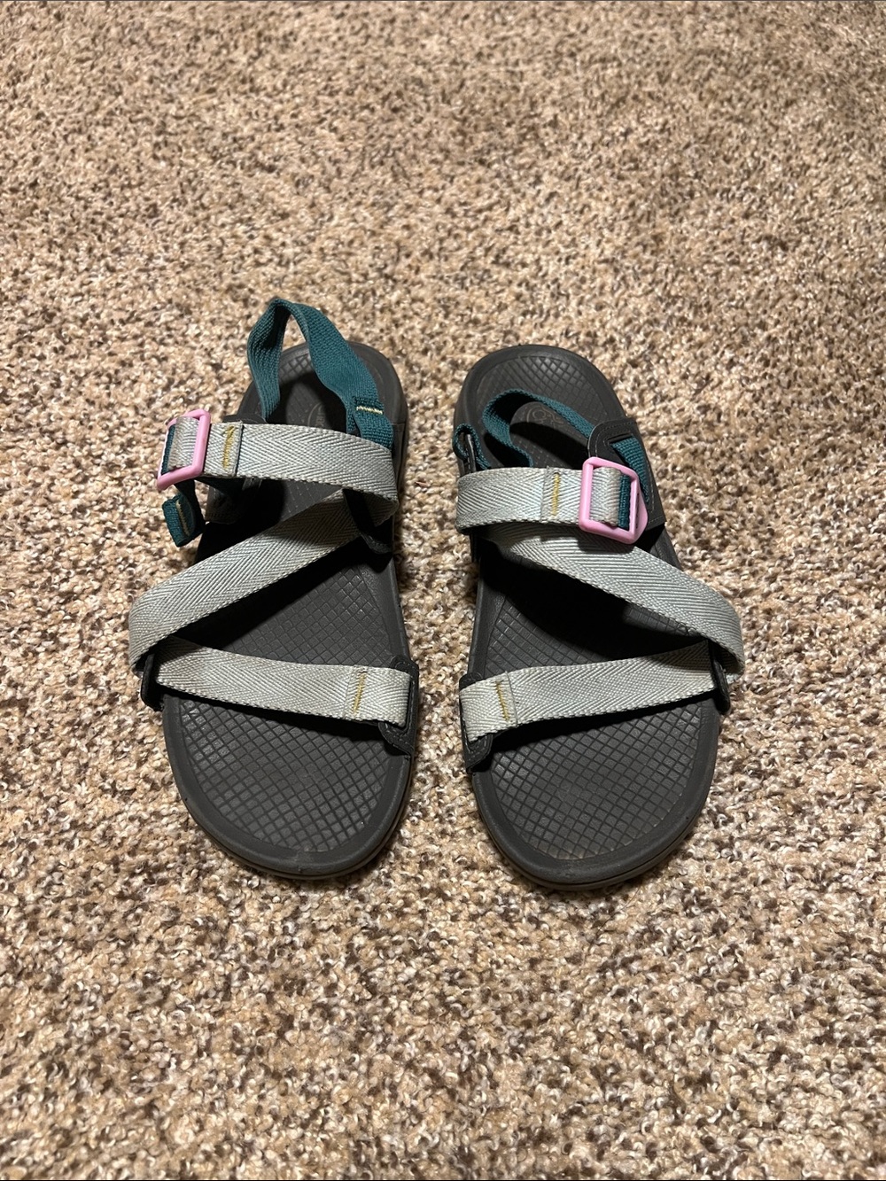 Chaco women’s Gray and Teal Sandals with Pink Buckles
